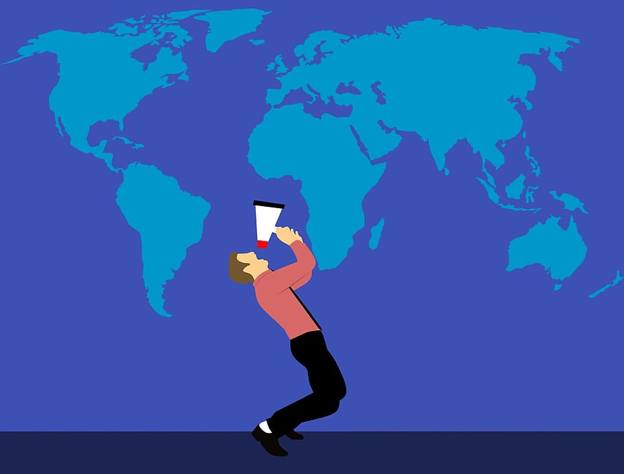 world map marketing megaphone man