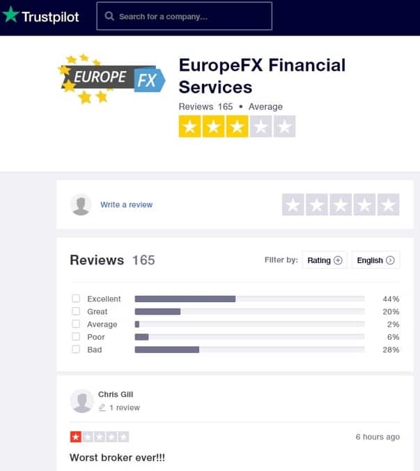 EuropeFX Review page Trustpilot