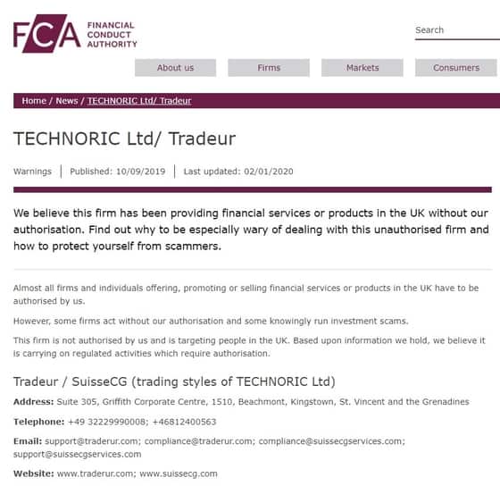 FCA warning SuisseECG Traderur