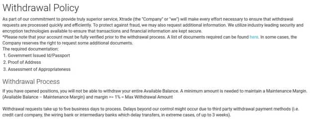 XTrade withdrawal policy