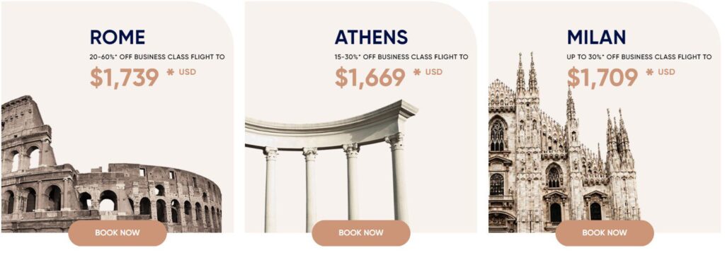 Business Class Pricing to Rome Athens Milan 1