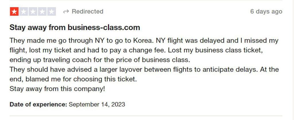 Lost business class ticket because missed flight