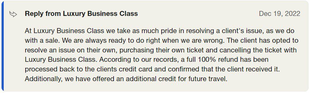 luxury business class response to review