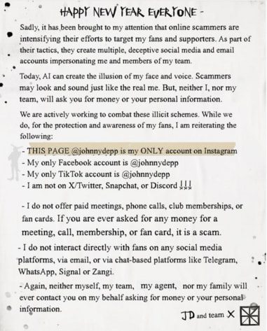 Johnny Depp scam warning post on instagram